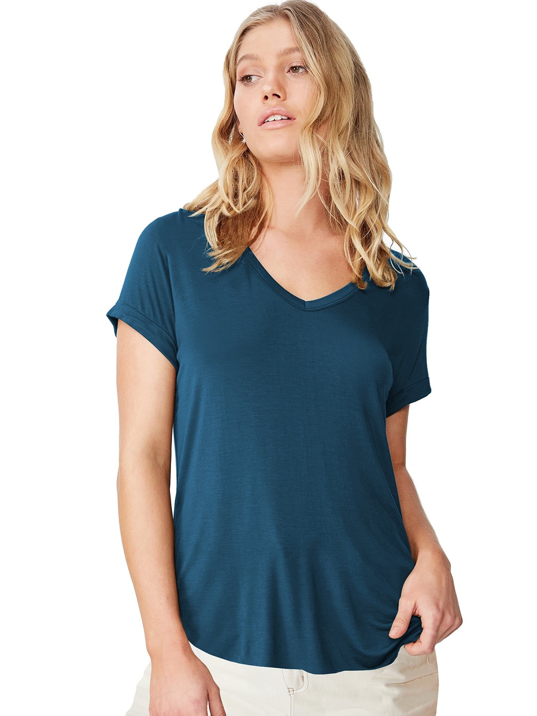 

FABRICORN Women Solid Cotton Short Sleeves Top, Blue