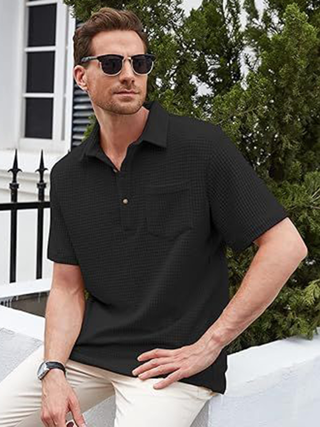 

Colorchakra Men Striped V-Neck Pockets T-shirt, Black