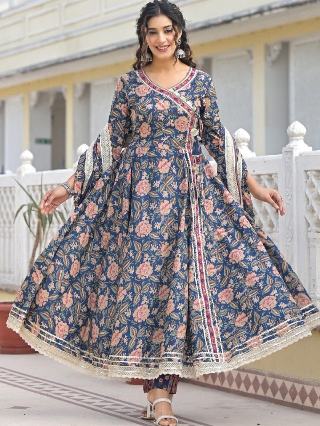 

AUTUMN LANE Floral Printed Angrakha Gotta Patti Kurta with Trousers & Dupatta, Blue