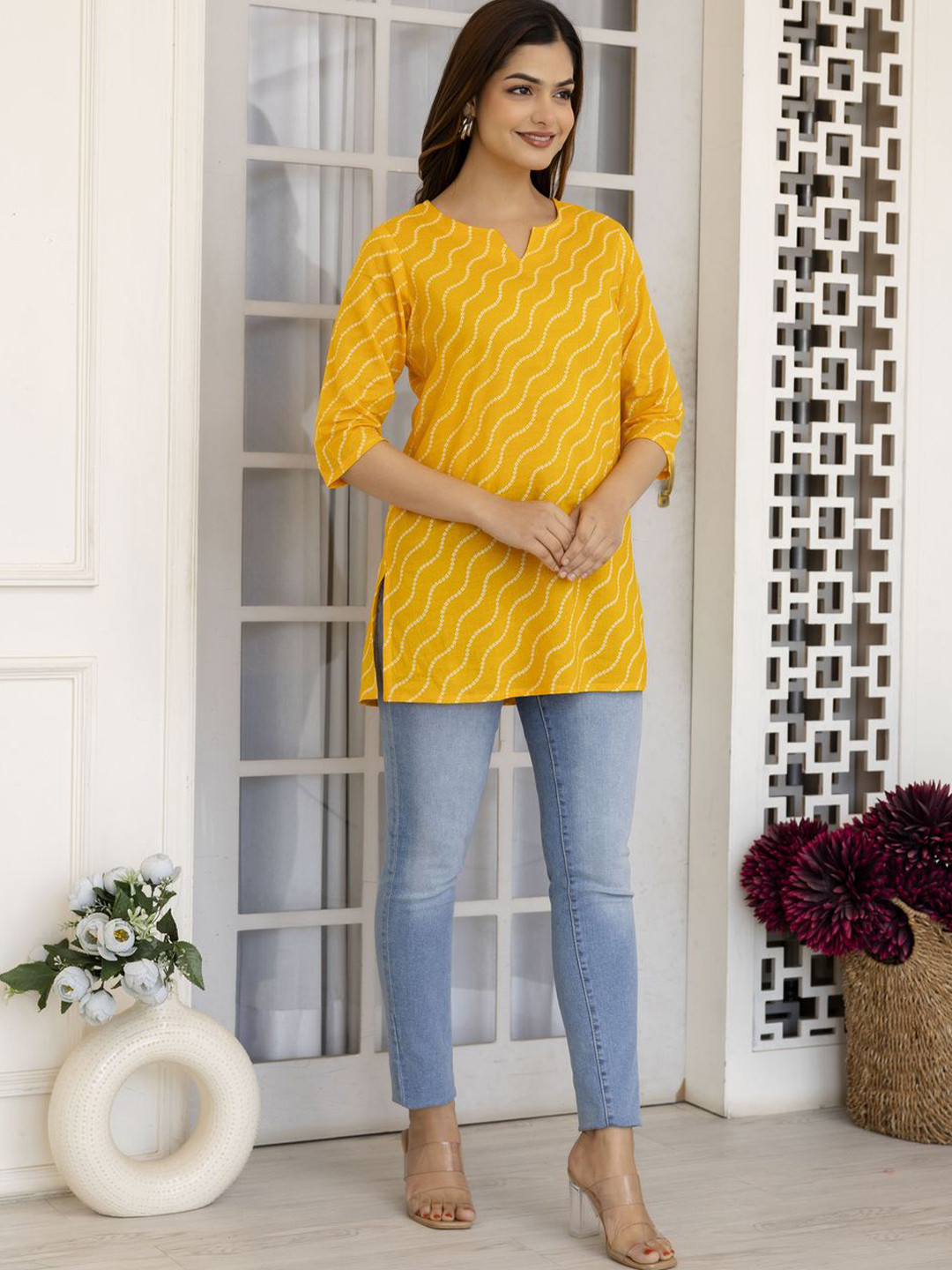 

UNIFY FASHION Women Leheriya Pure Cotton Kurtis, Yellow