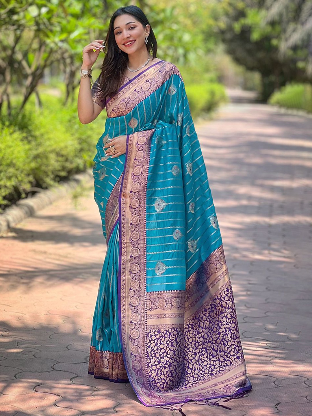 

Rangtulika Ethnics Woven Design Zari Silk Blend Paithani Saree, Blue