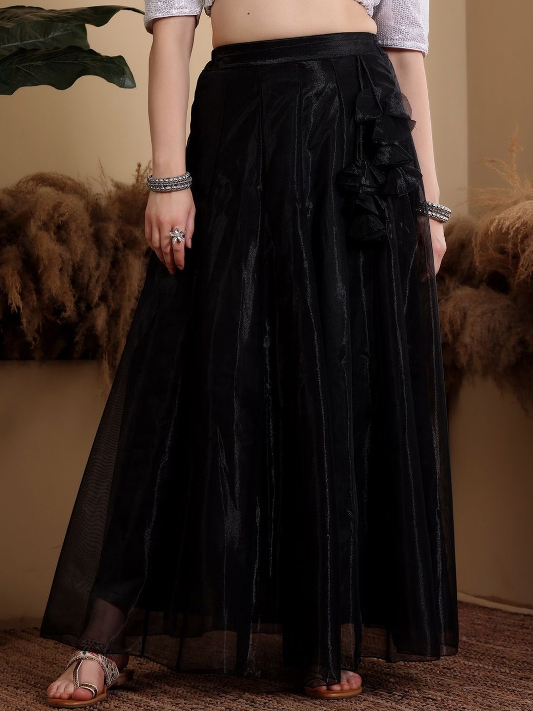 

Frolic Rolic Solid Organza Maxi Skirt, Black