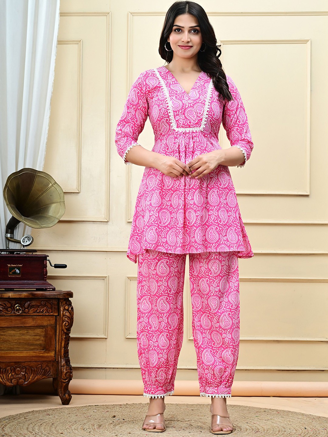 

Aarti Fashion Floral Printed V Neck Pure Cotton Tunic With Trousers, Pink