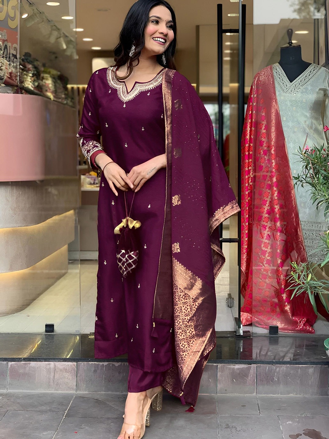 

VAAZI CREATOR Floral Embroidered Sequinned Straight Kurta with Trousers & Dupatta, Burgundy