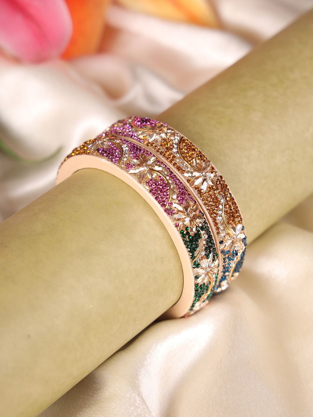 

ZULKA Set Of 2 Floral Diamond Zircon Gemstones & Beads Studded Bangles, White