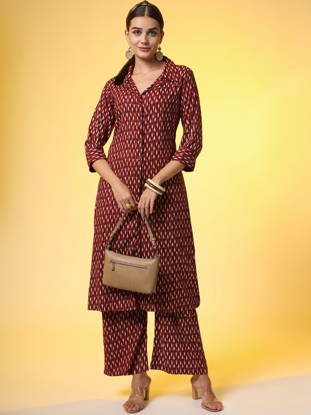 

SUFIZA LIFESTYLE Printed Shirt Collar Tunic & Trouser, Maroon