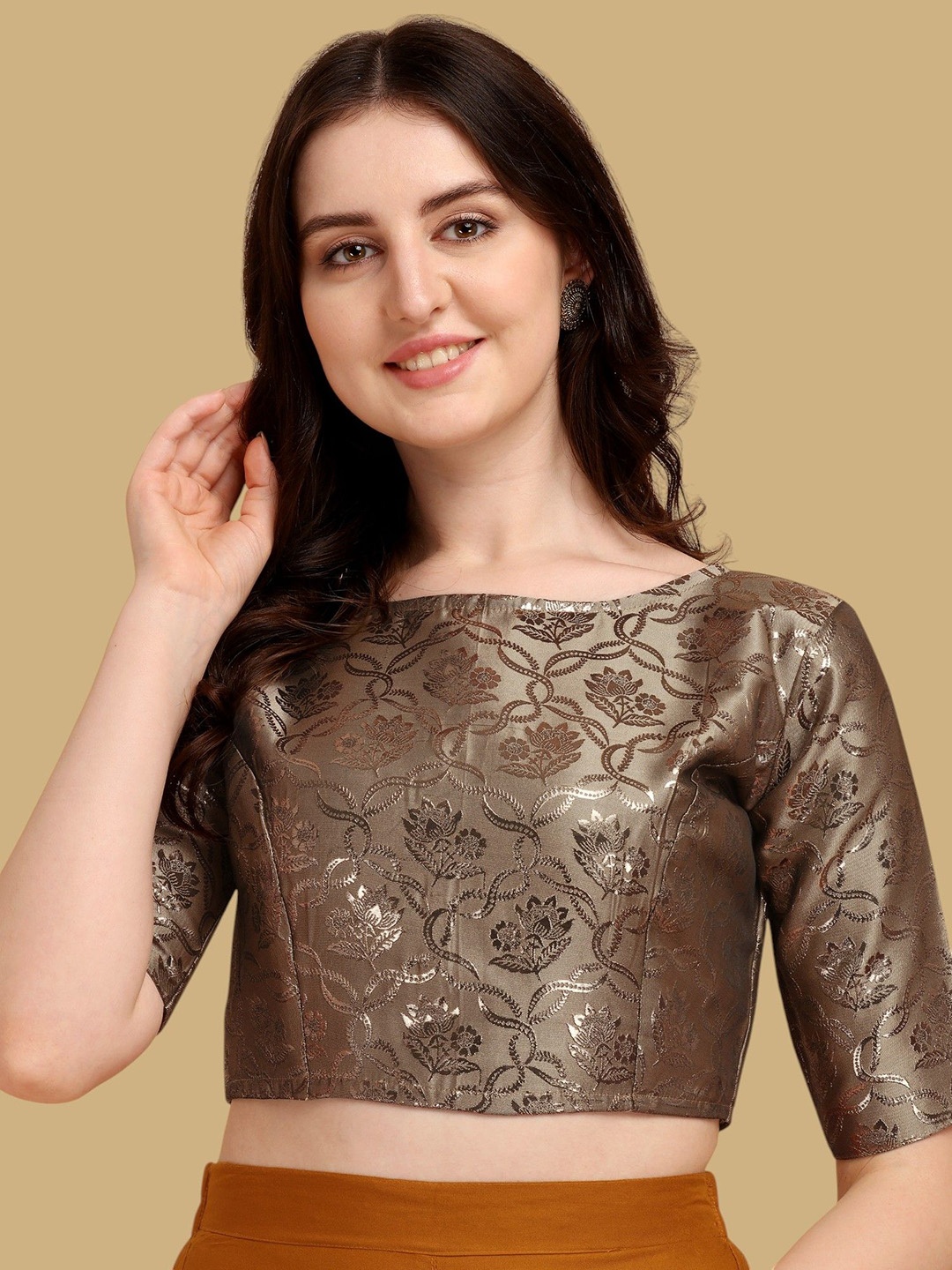 

Oomph! Woven Design Boat Neck Jacquard Saree Blouse, Gold