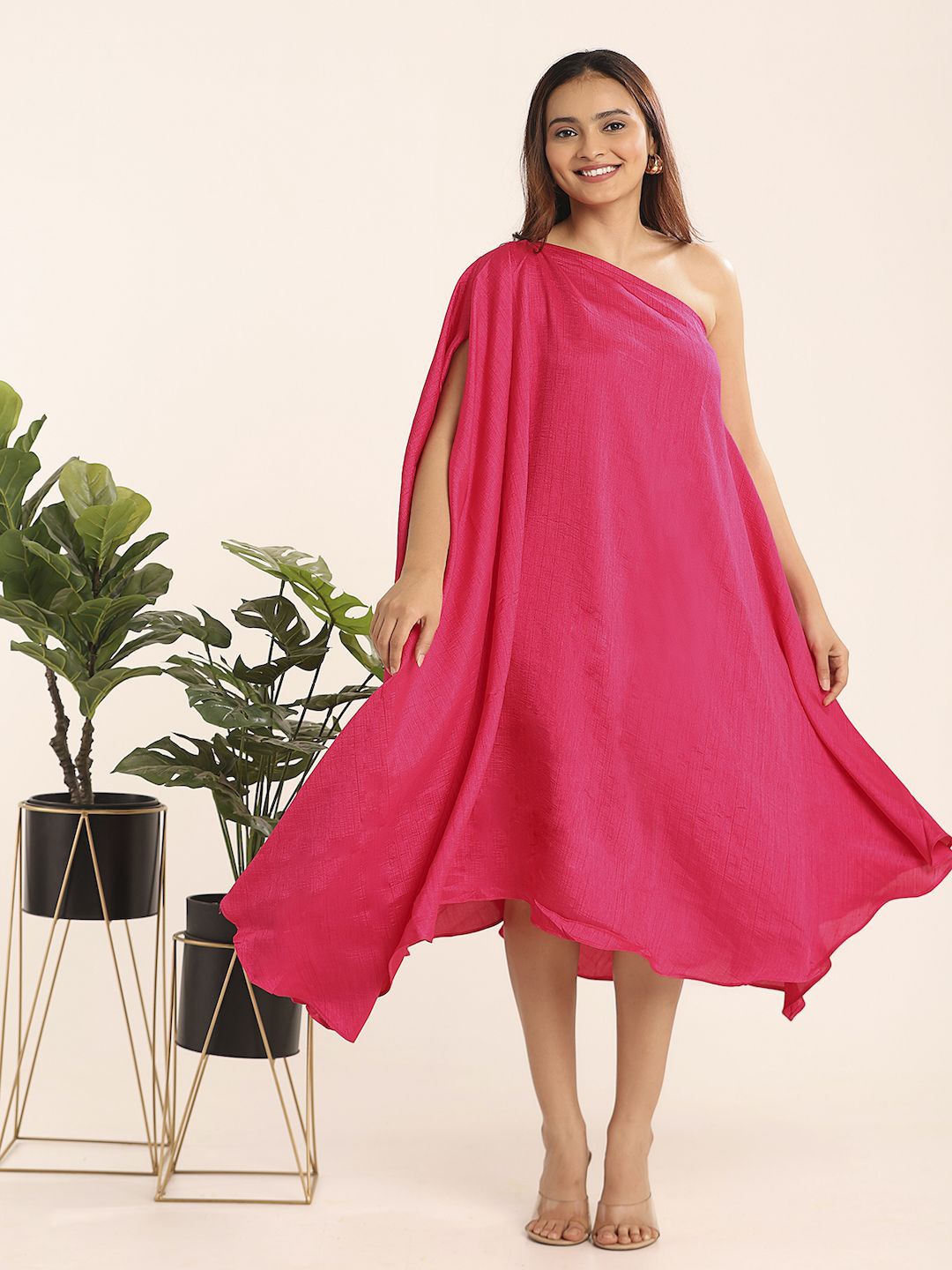 

THE BLESSED WARDROBE Women Solid One Shoulder Sleeveless A-Line Dress, Pink