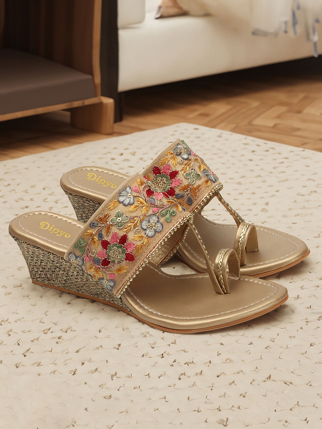 

DIPYO Embellished Ethnic Wedge Sandals, Gold