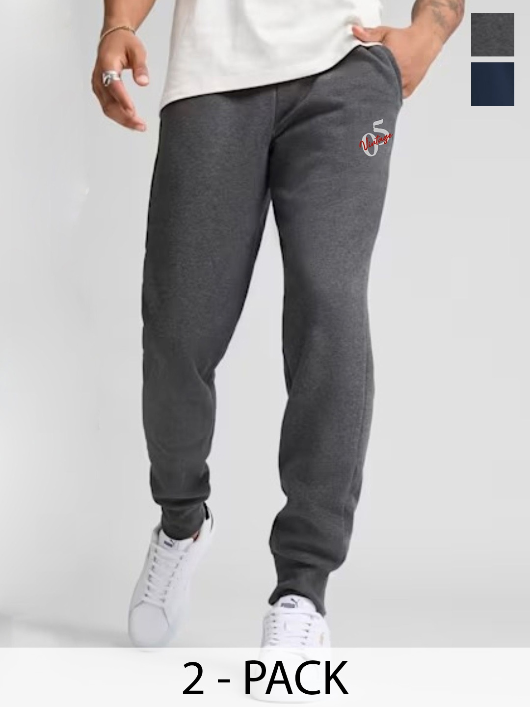 

Moda Rapido Men Pack Of 2 Cotton Mid Rise Joggers, Navy blue