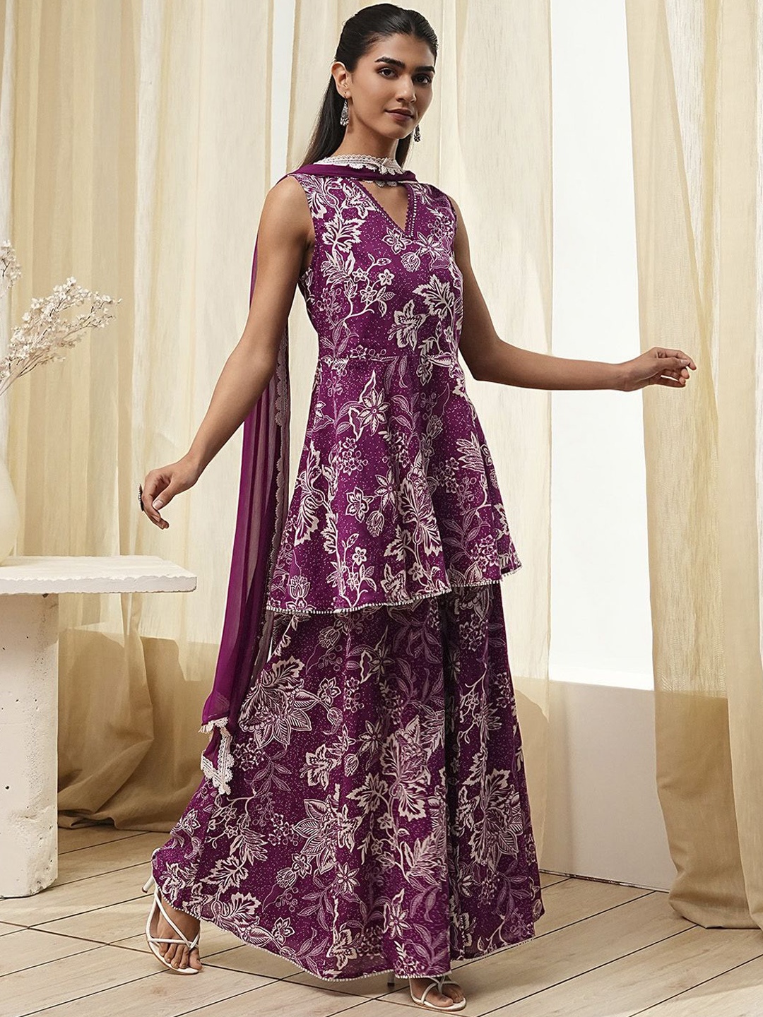 

Biba Floral Printed V-Neck Pure Cotton A-Line Kurti With Palazzos & Dupatta, Purple