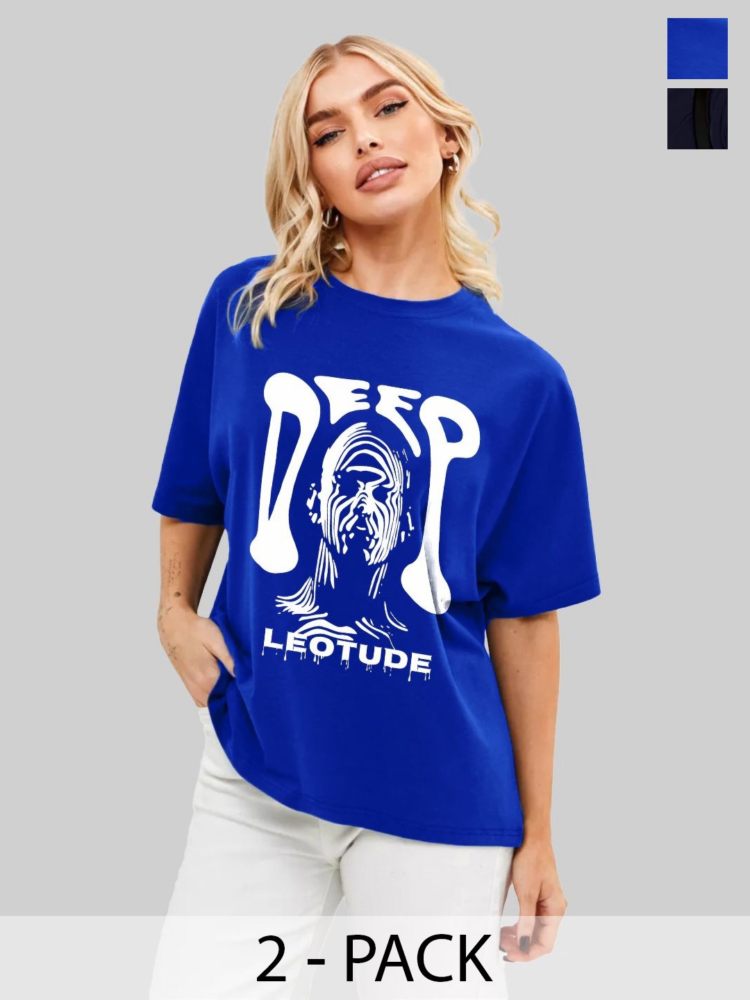 

Leotude Women Pack Of 2 Graphic Printed Round Neck Cotton Oversized T-shirts, Blue