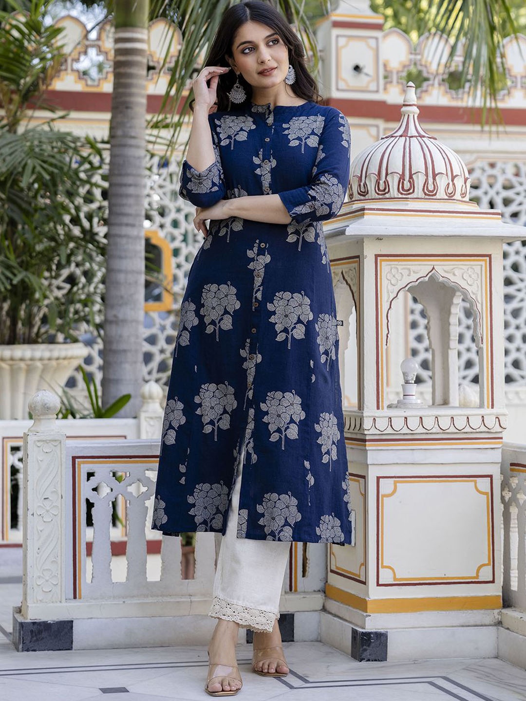 

Pistaa Floral Printed Mandarin Collar Pure Cotton A-Line Kurta with Trouser, Navy blue