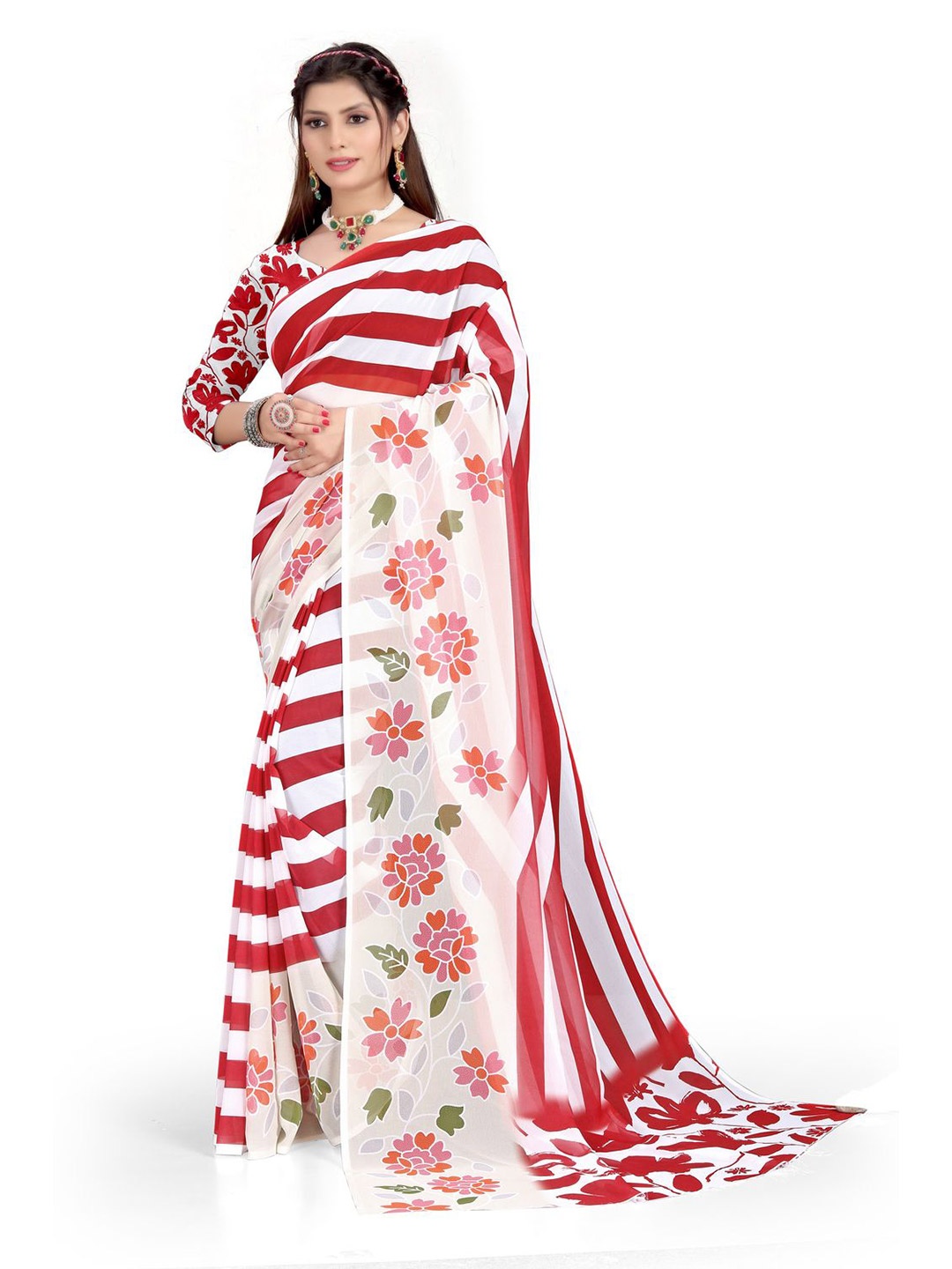 

Pemal Designer Striped Printed Pure Georgette Saree, Red