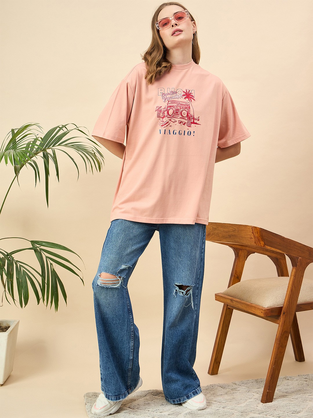 

Mast & Harbour Women Printed Drop-Shoulder Sleeves T-shirt, Peach