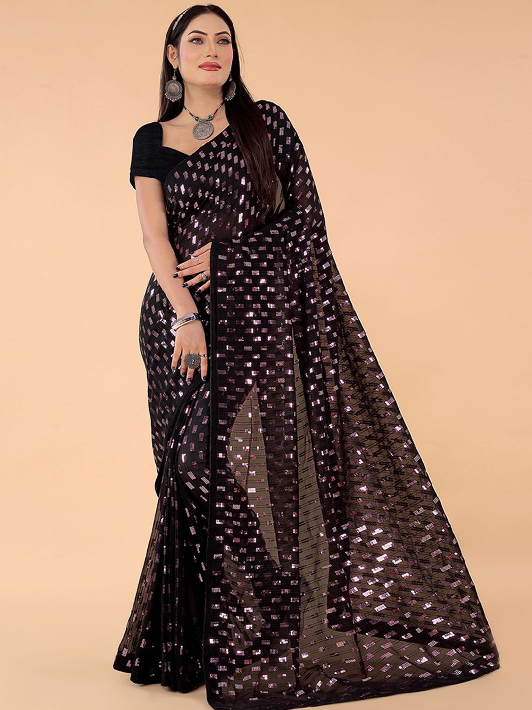 

Peachmode Embellished Sequinned Pure Georgette Saree, Black