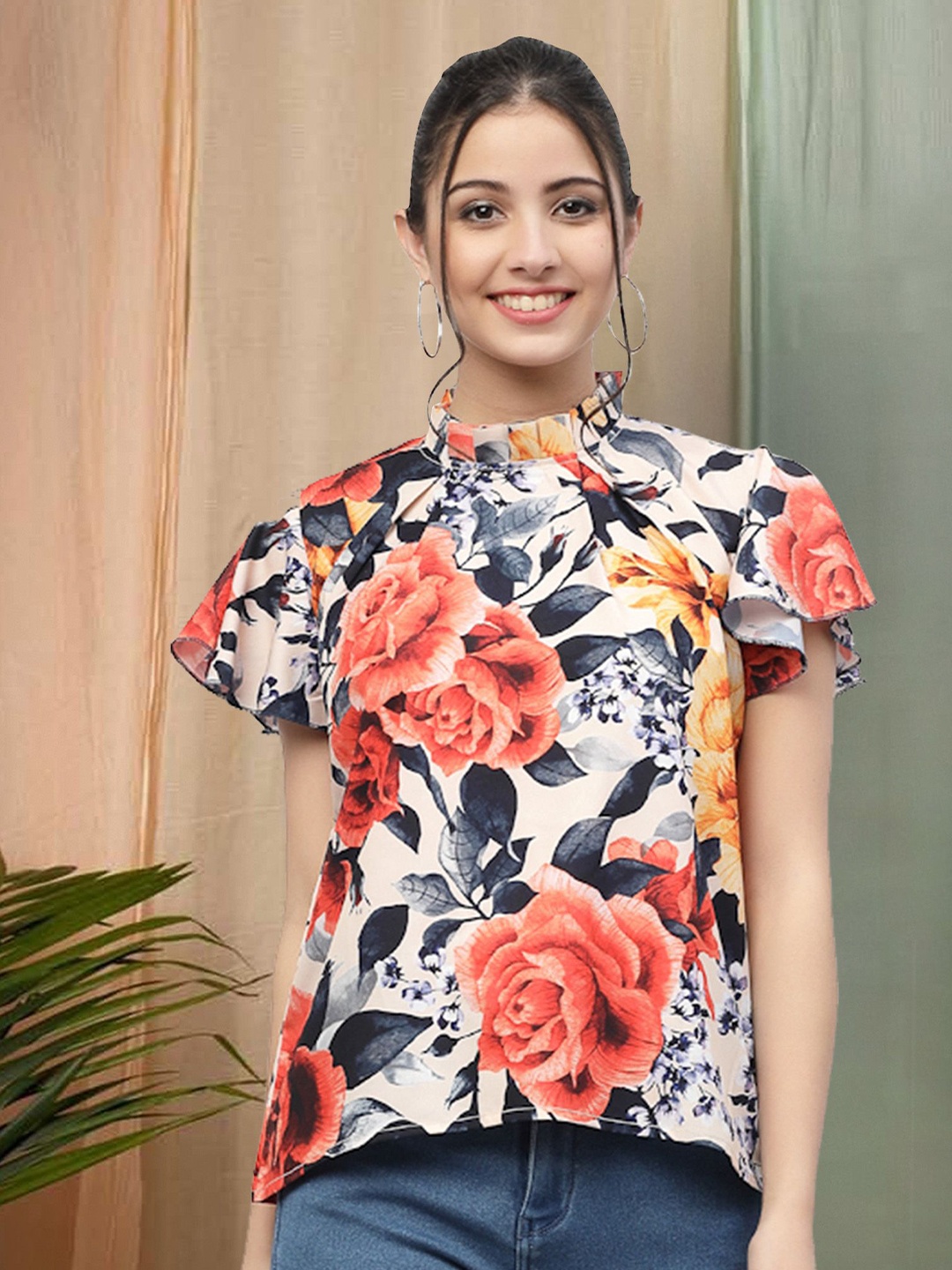 

Moda Rapido Women Floral Printed High Neck Flared Sleeves Top, White