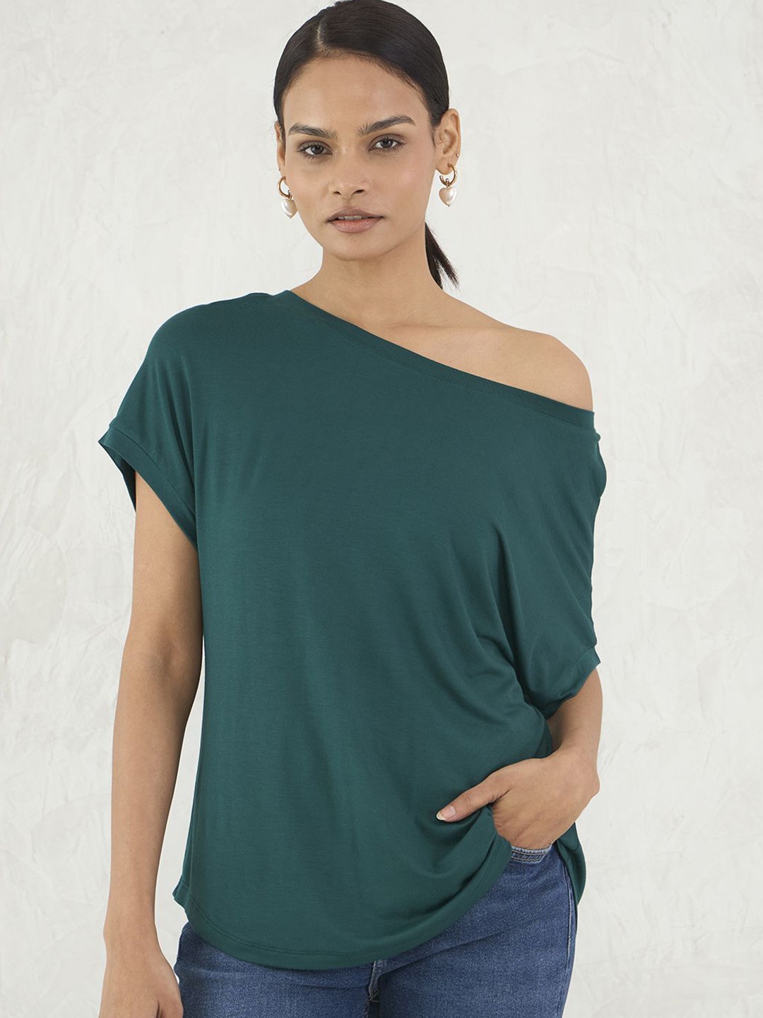 

FEMMELLA Women One Shoulder Extended Sleeves Regular Top, Teal