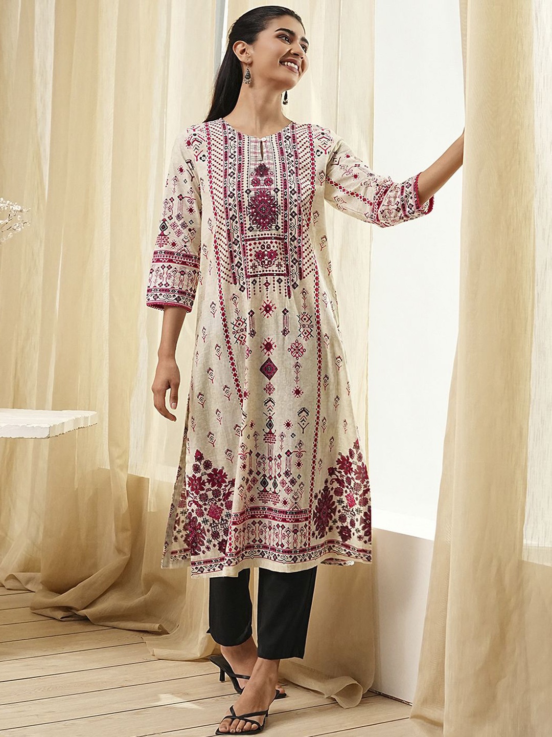 

Biba Flotral Printed Thread Work Cotton A-Line Kurta, Cream