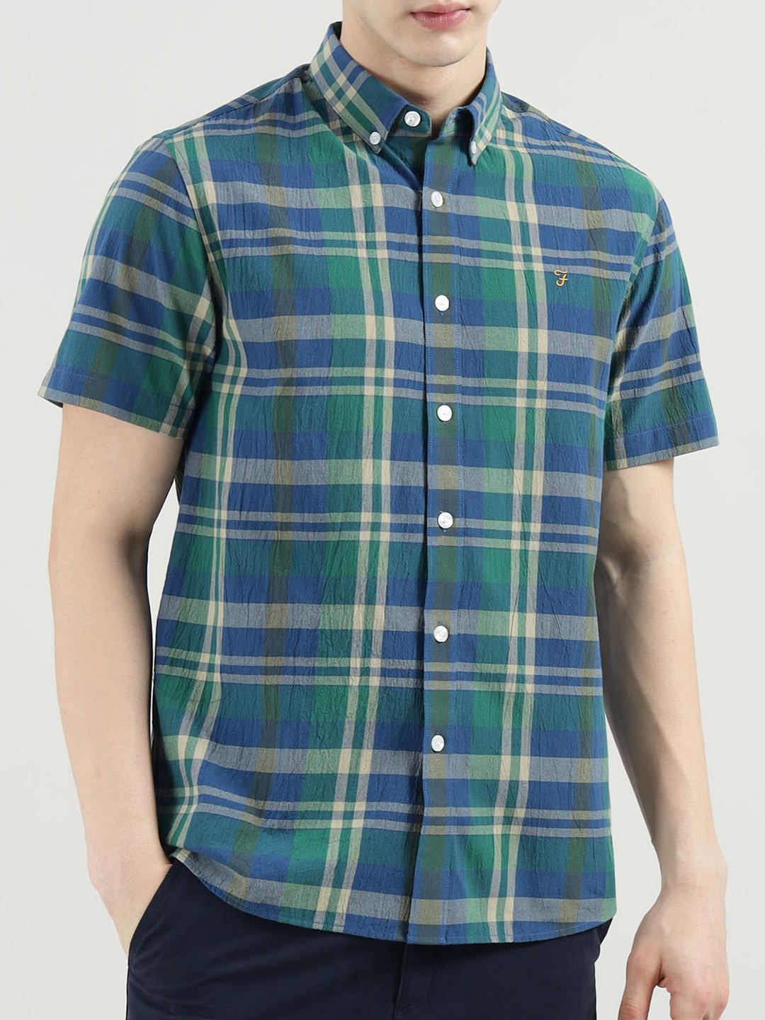 

Farah Men Button-Down Collar Tartan Checked Cotton Casual Shirt, Blue