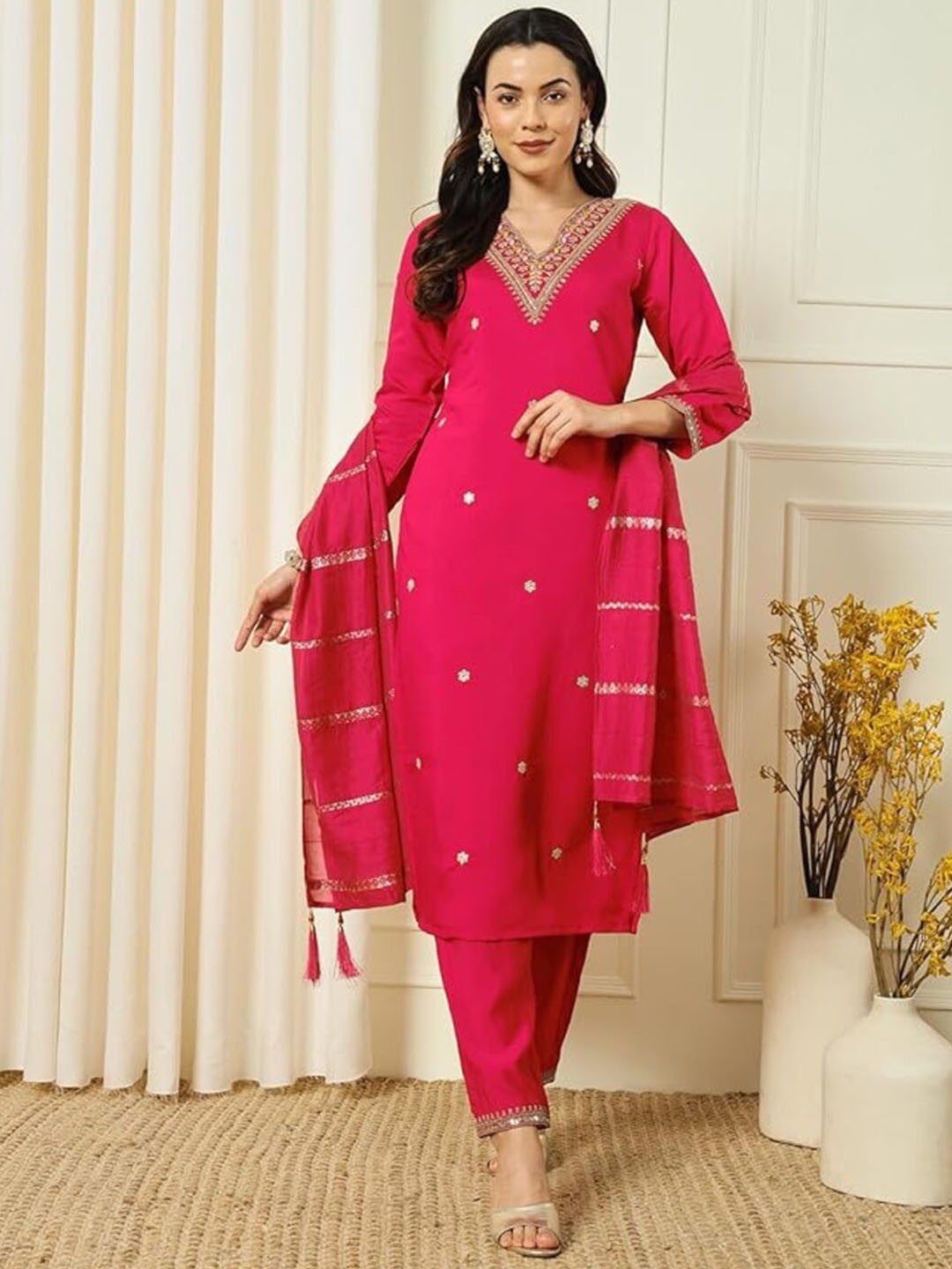 

ASCIIBLUES Floral Embroidered V-Neck Straight Kurta With Trousers And Dupatta, Red