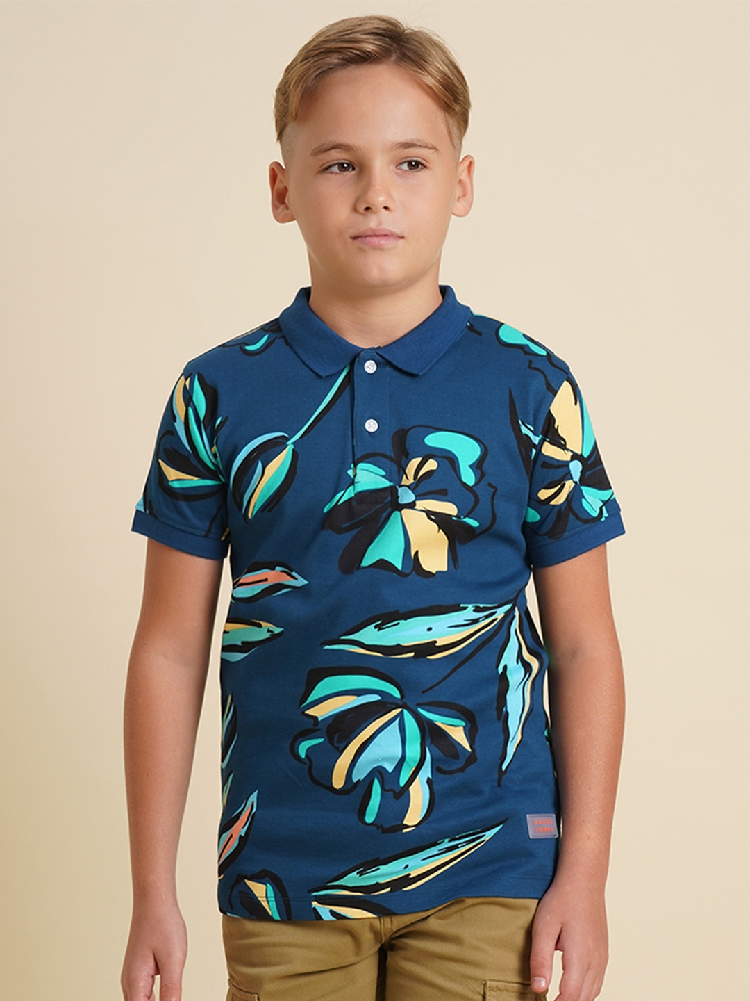 

Jack & Jones Junior Boys Floral Printed Polo Collar Cotton T-shirt, Blue