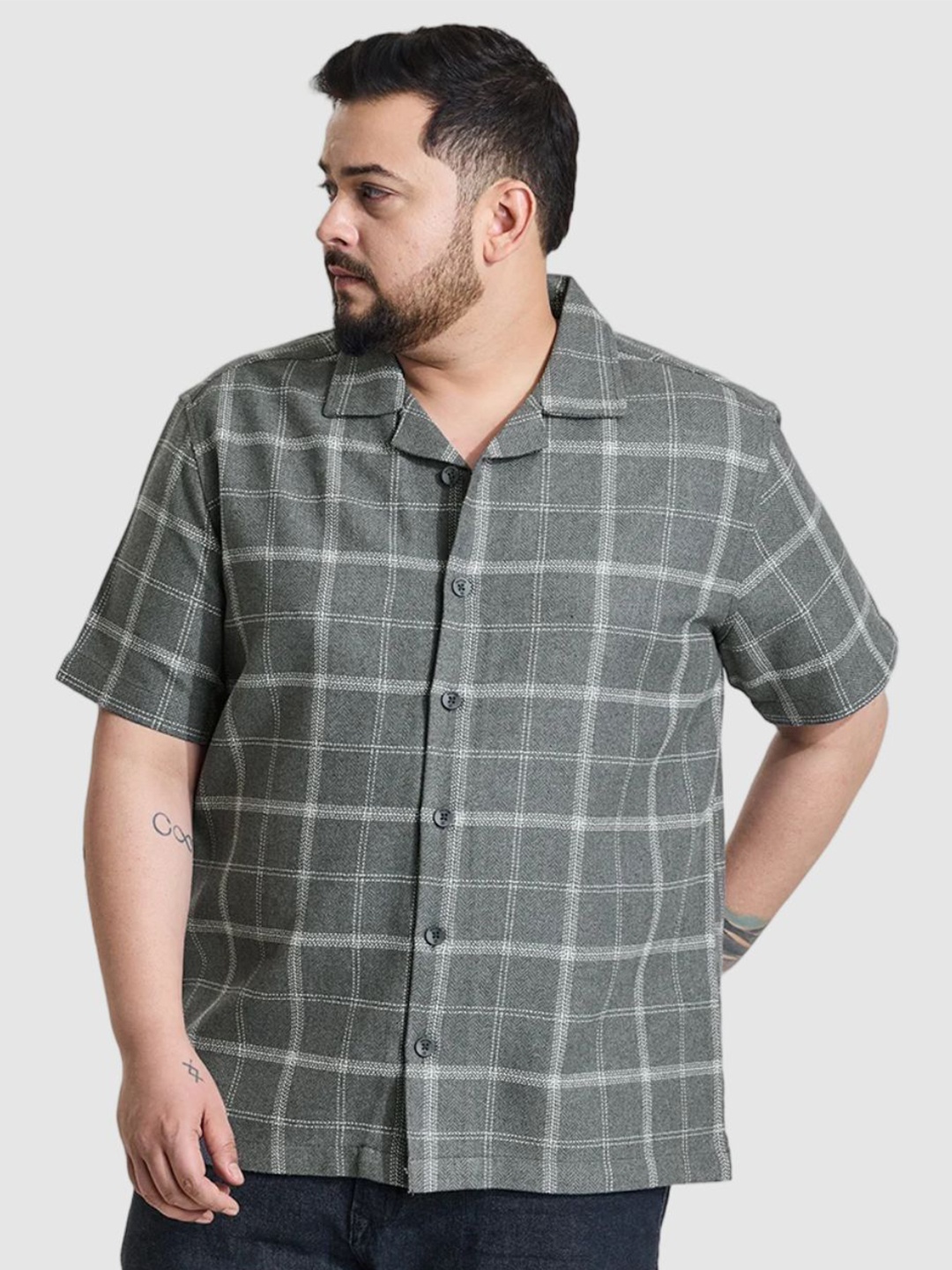 

Snitch Men Plus Size Relaxed Fit Cuban Collar Windowpane Checked Cotton Casual Shirt, Grey