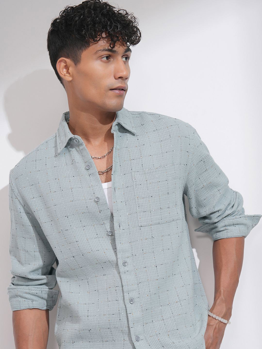 

HIGHLANDER Men Comfort Relaxed Fit Spread Collar Textured Cotton Casual Shirt, Grey