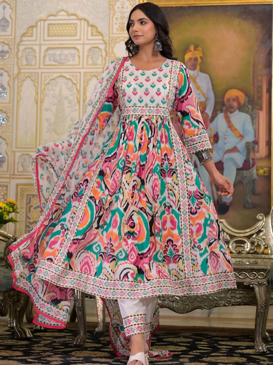 

AUTUMN LANE Aranya Vibgyor Floral Printed Pure Cotton Kurta With Trouser & Dupatta, White