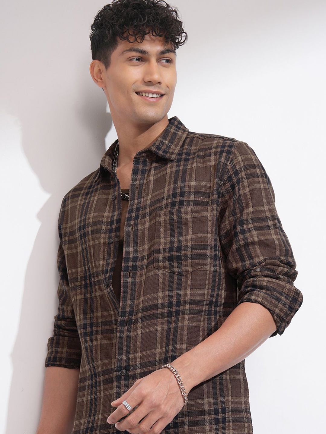 

HIGHLANDER Men Comfort Slim Fit Opaque Checked Casual Shirt, Brown