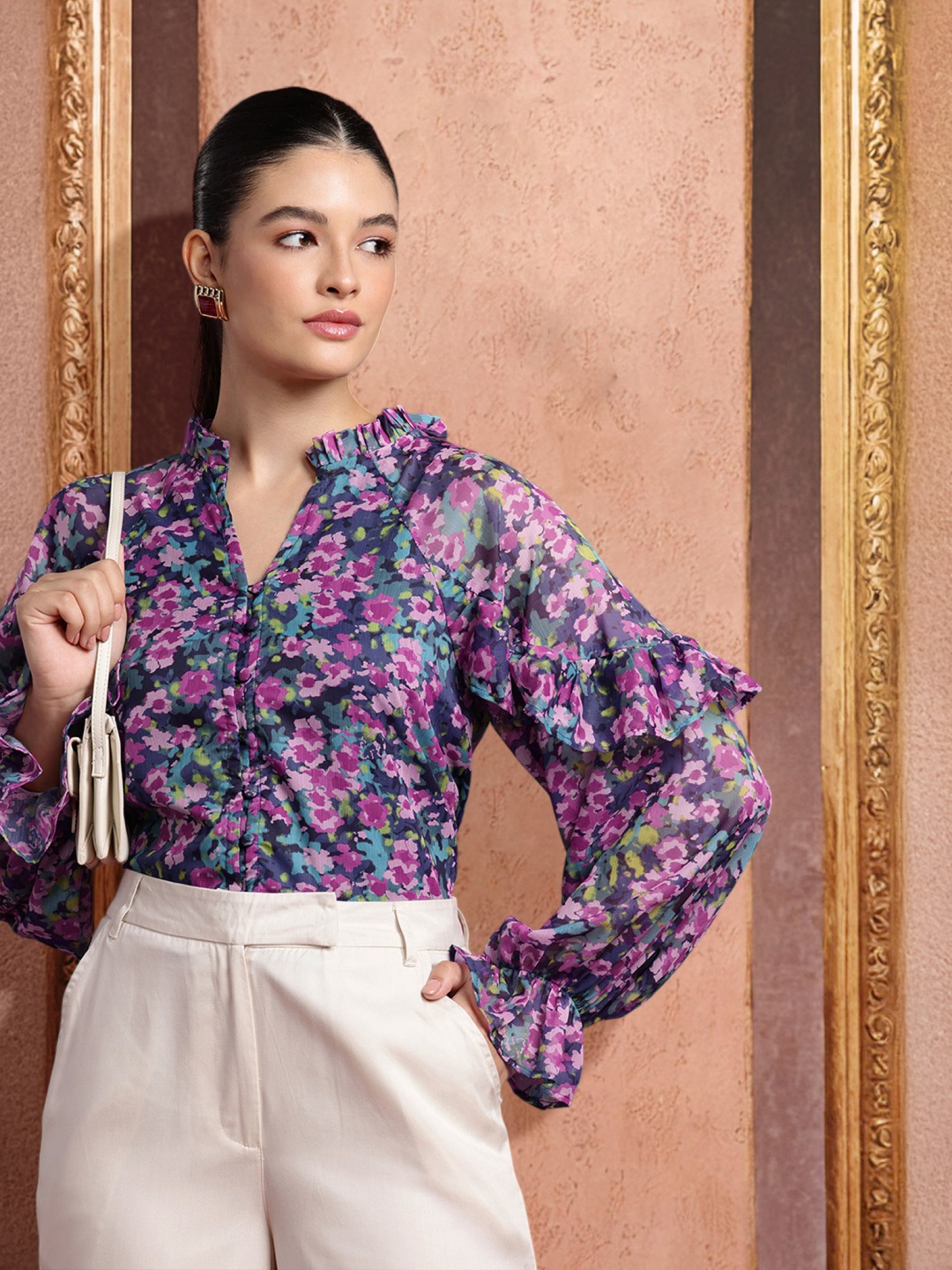 

all about you Floral Print with Ruffle Detailing Shirt Style Top, Violet