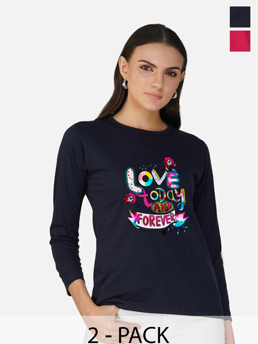 

Metronaut Women 2 Printed Bio Finish Applique T-shirt, Navy blue
