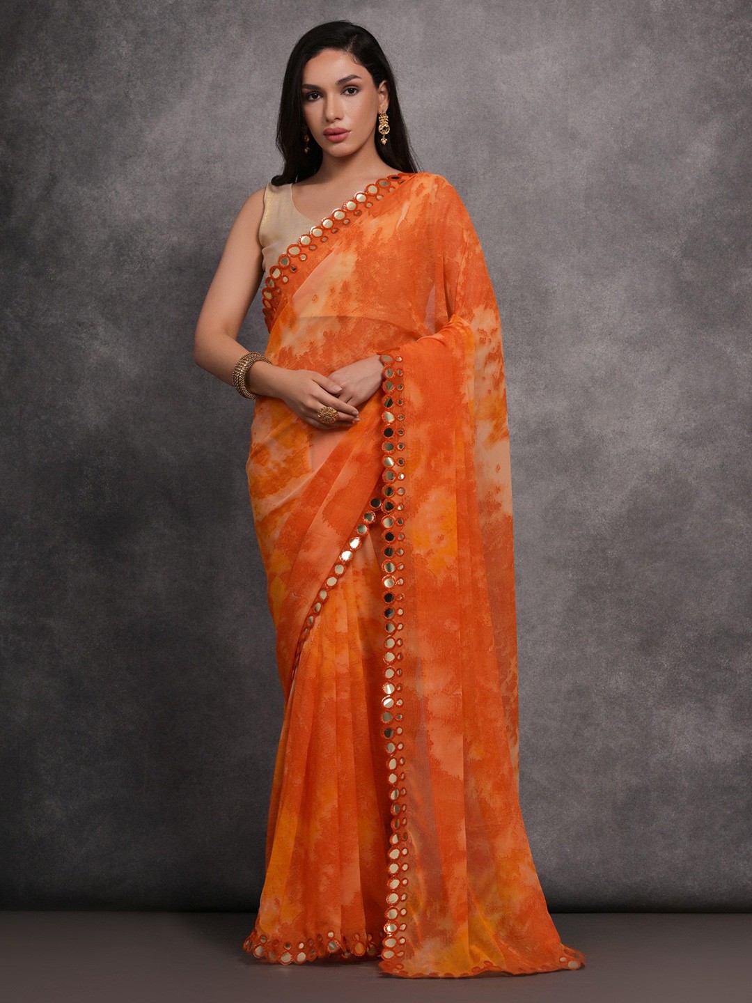 

LeeliPeeri Designer Tie and Dye Mirror Work Saree, Orange