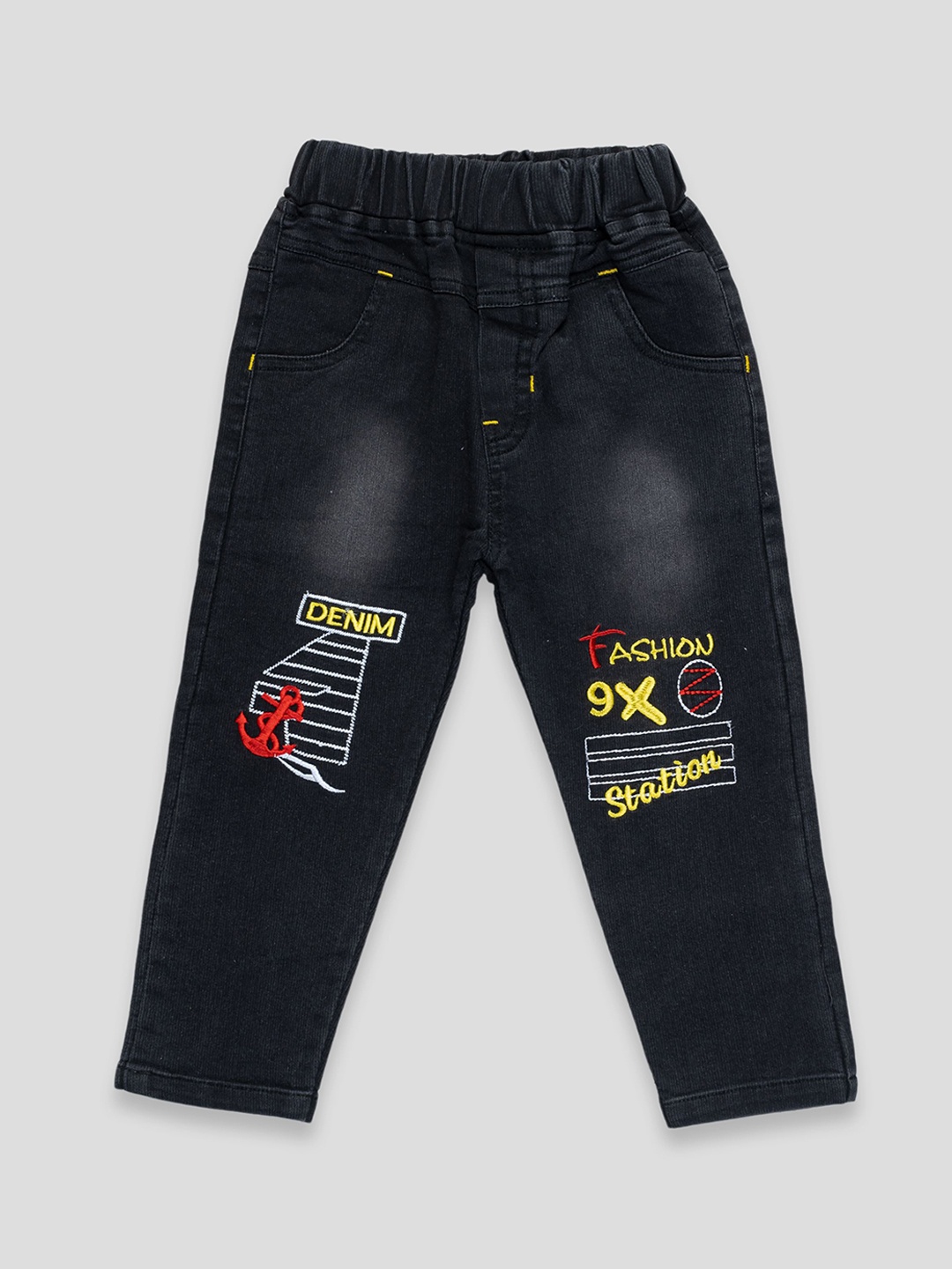 

YK X JUST KiDDiNG Boys Light Fade Printed Jeans, Black