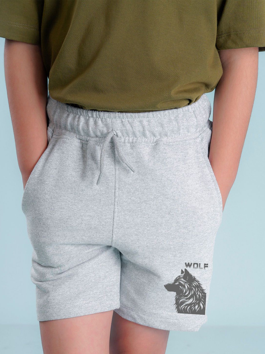 

NUSYL Boys Wolf Printed Mid-Rise Cotton Shorts, Grey