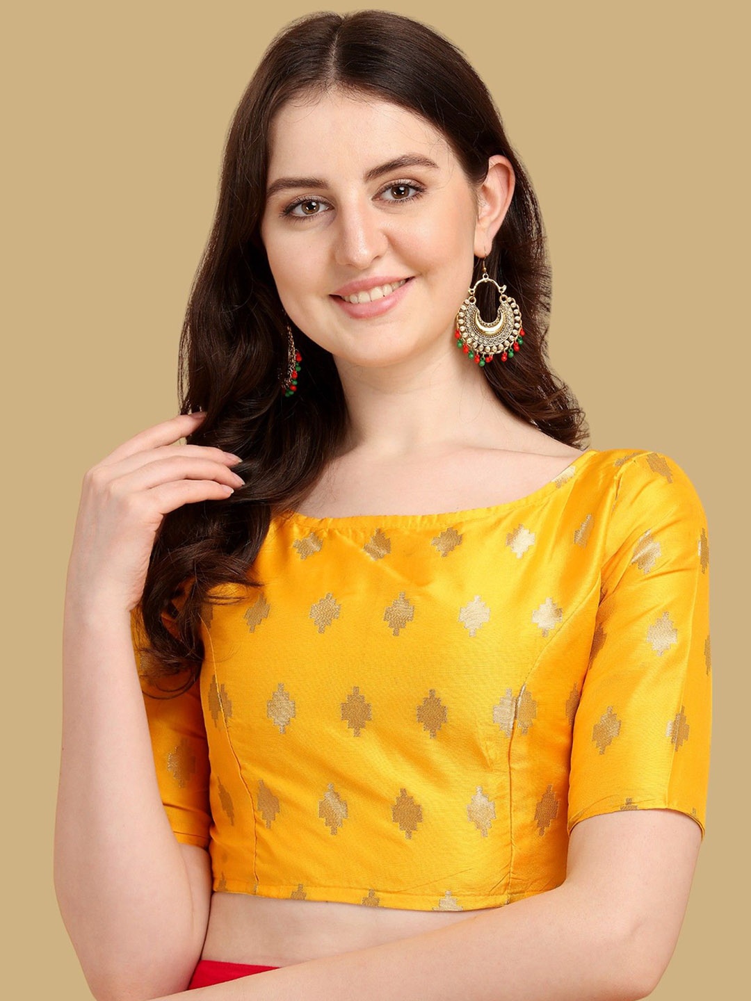 

Oomph! Woven Design Boat Neck Jacquard Saree Blouse, Yellow