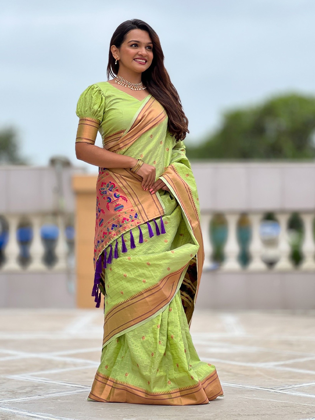 

Rangtulika Ethnics Woven Design Zari Paithani Saree, Olive