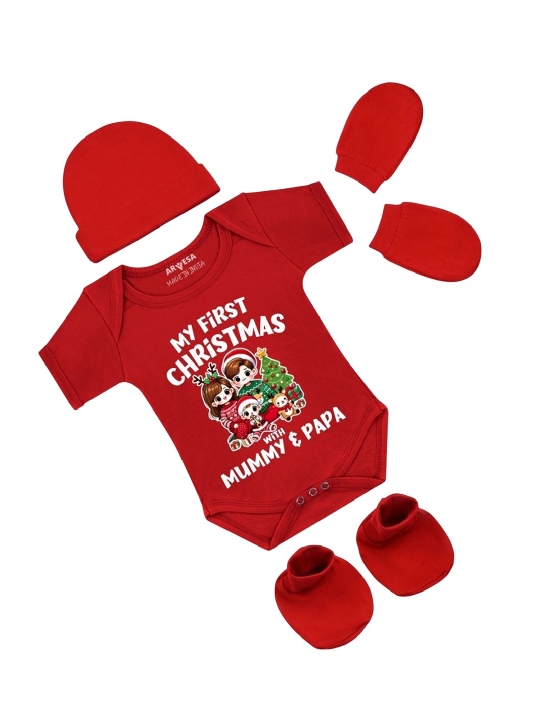 

Arvesa Infants My First Christmas Printed Bodysuit with Cap Booties Mitten, Red