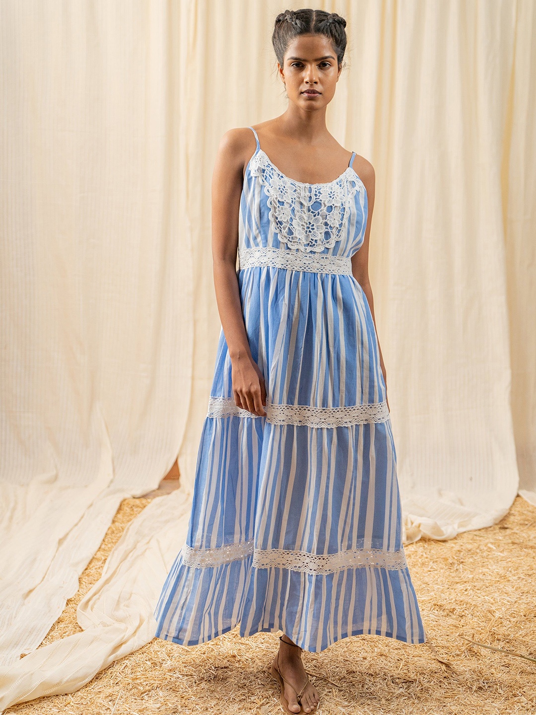 

Label Reyya Women Striped Shoulder Straps Cotton Fit and Flare Maxi Dress, Blue