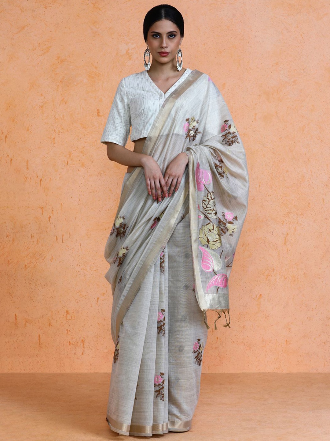 

SARHA Woven Design Muga Cotton Saree, Beige