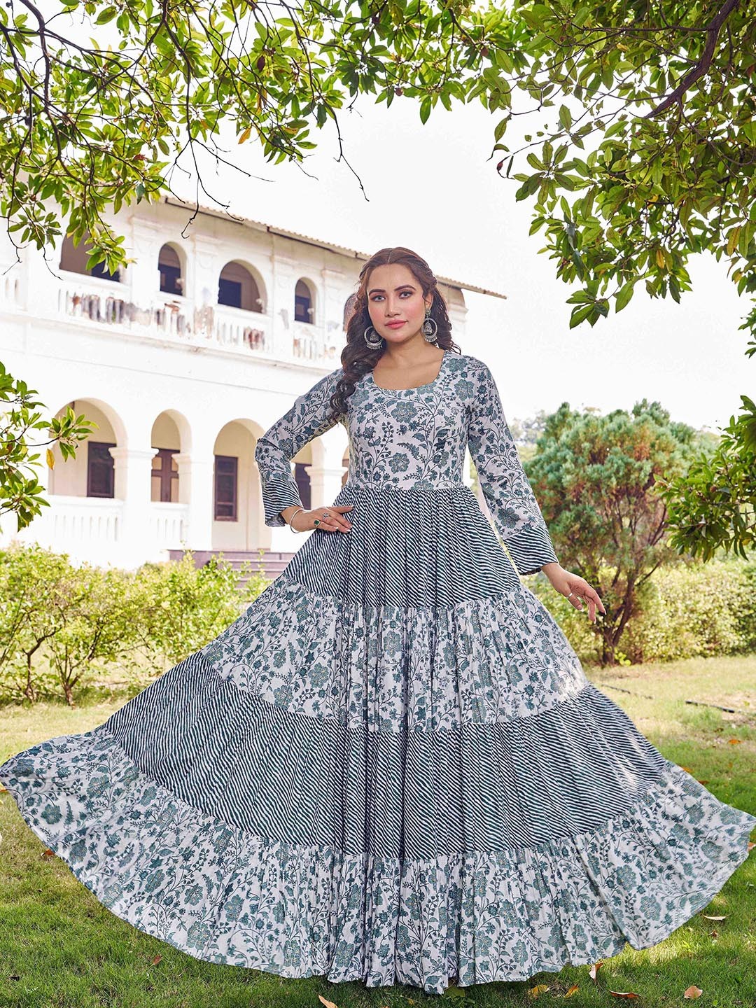 

Chandbaali Women Floral Printed Fit & Flared Maxi Dress, Grey