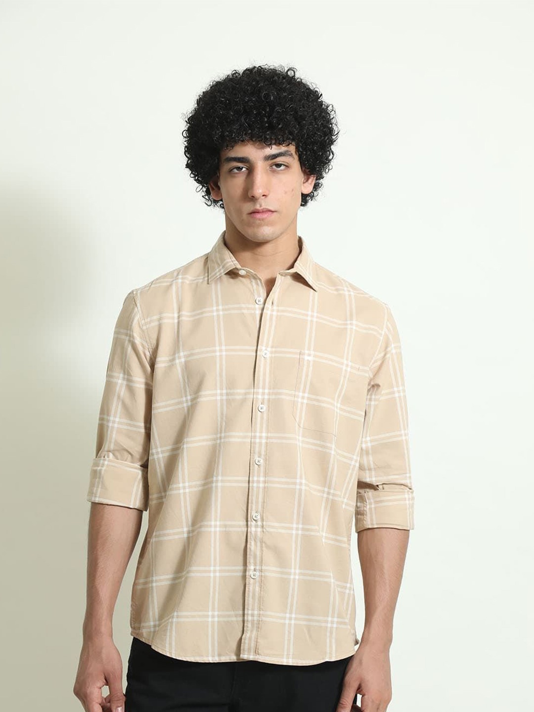

Basics Men Slim Fit Spread Collar Windowpane Checked Cotton Casual Shirt, Beige