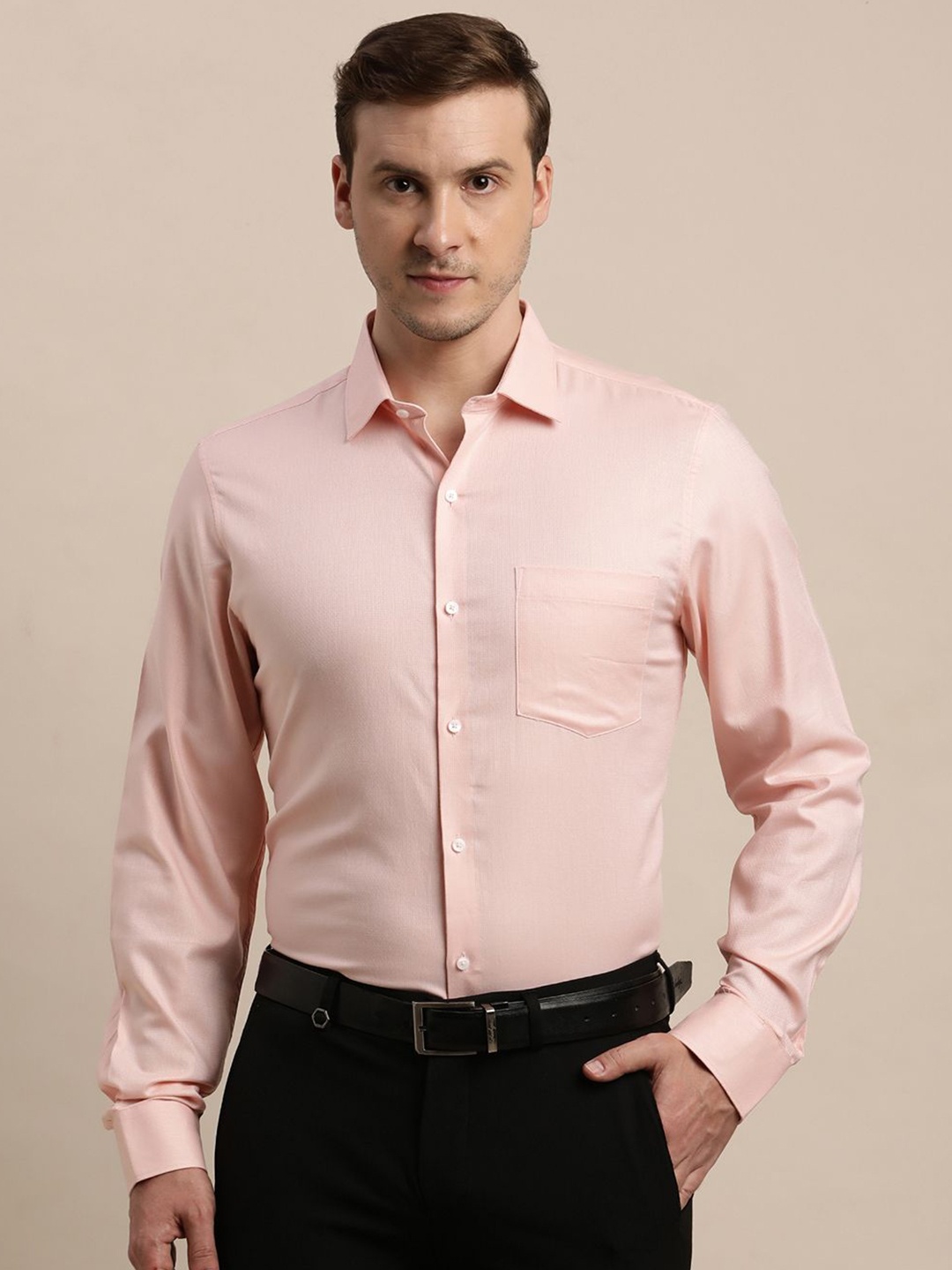 

Turtle Men Standard Regular Fit Spread Collar Textured Cotton Formal Shirt, Pink