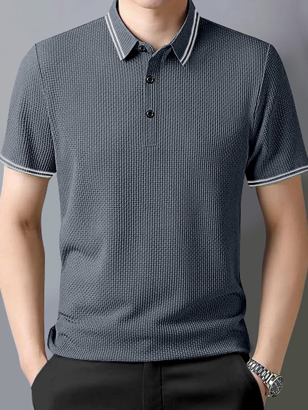 

Fashion2wear Men Self Design Polo Collar T-shirt, Grey