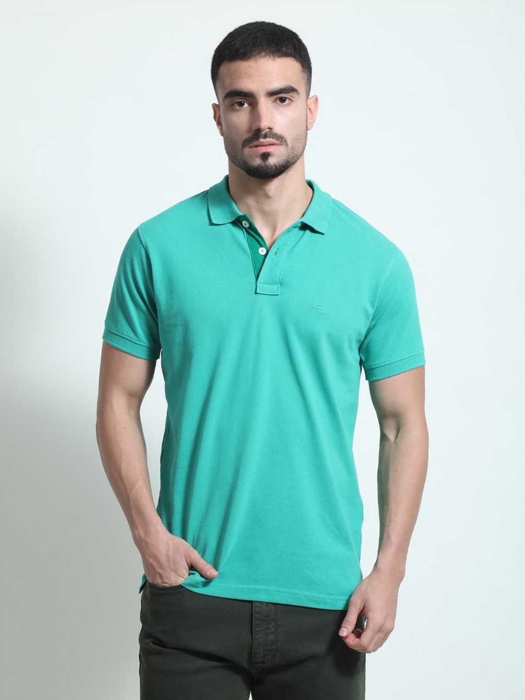 

Basics Men Polo Collar Pockets Slim Fit T-shirt, Green