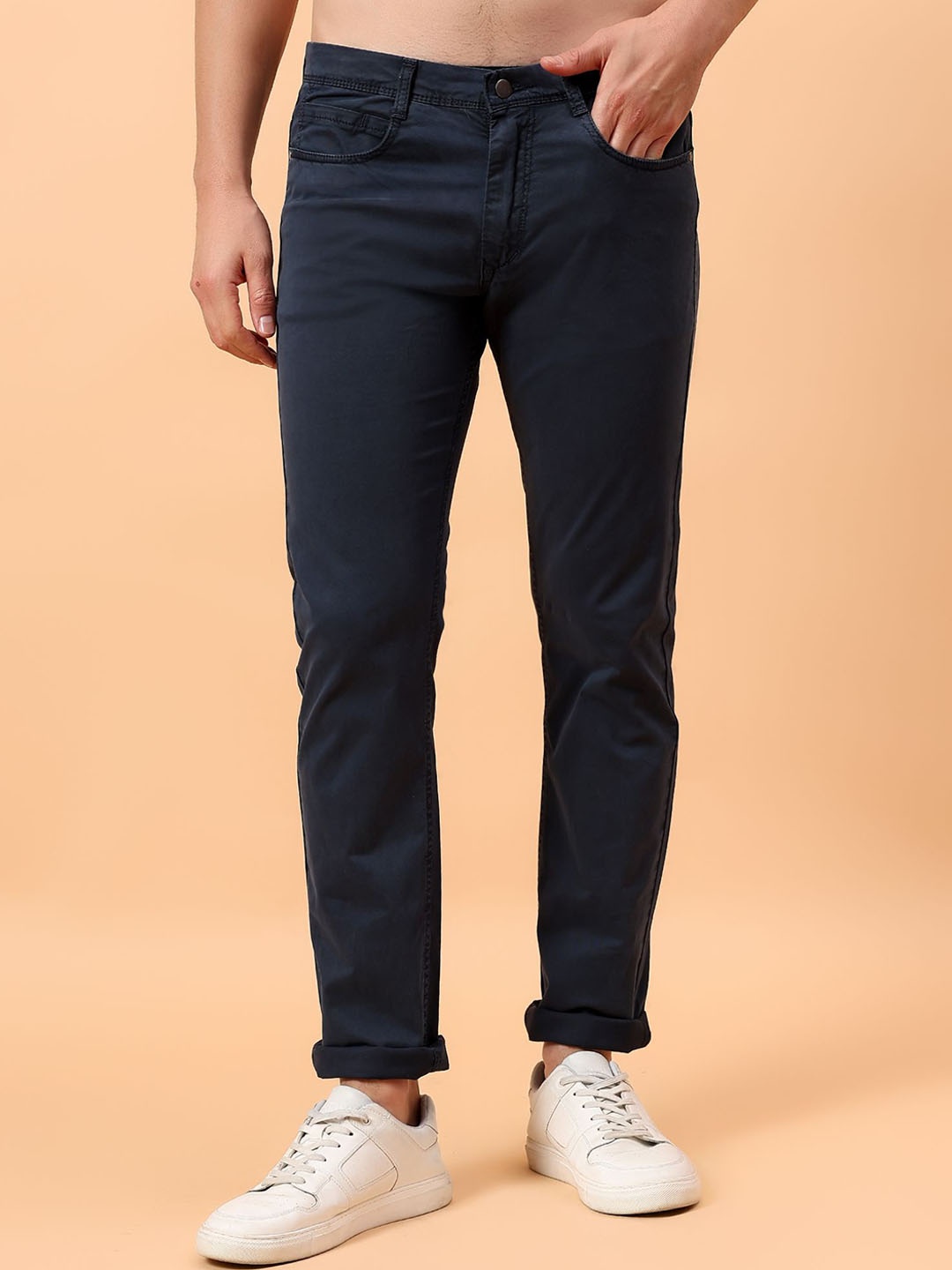 

MEGHZ Men Cotton Slim Fit Trousers, Blue