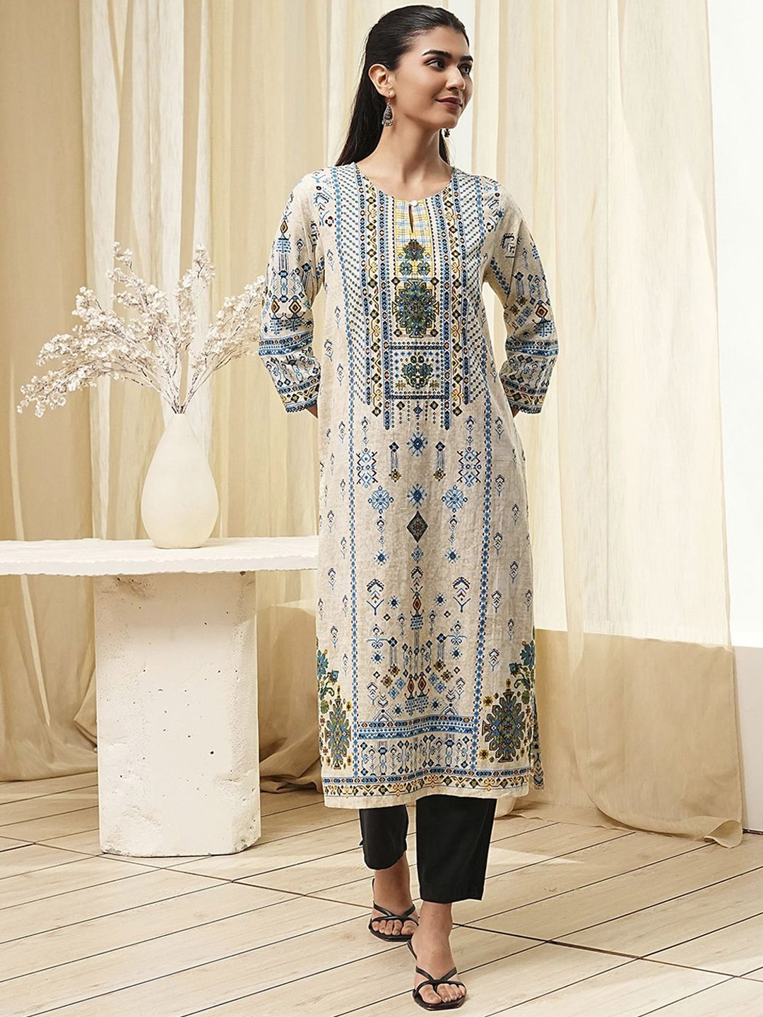 

Biba Ethnic Motifs Printed A-Line Kurta, Blue