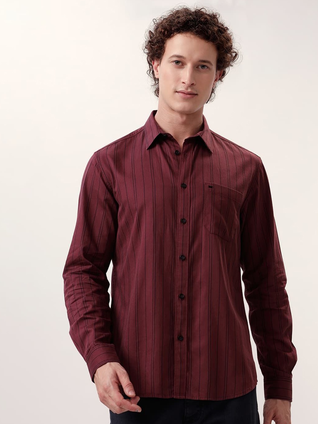 

Basics Men Slim Fit Spread Collar Vertical Striped Cotton Casual Shirt, Maroon