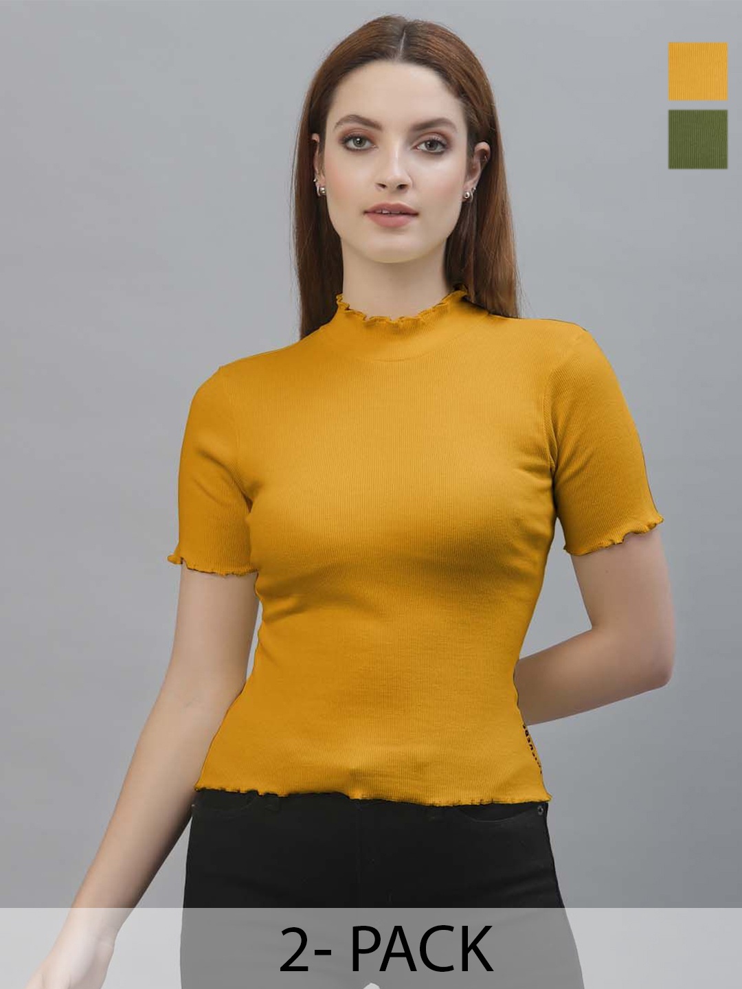 

Friskers Women Pack Of 2 Cotton Fitted Crop Top, Mustard