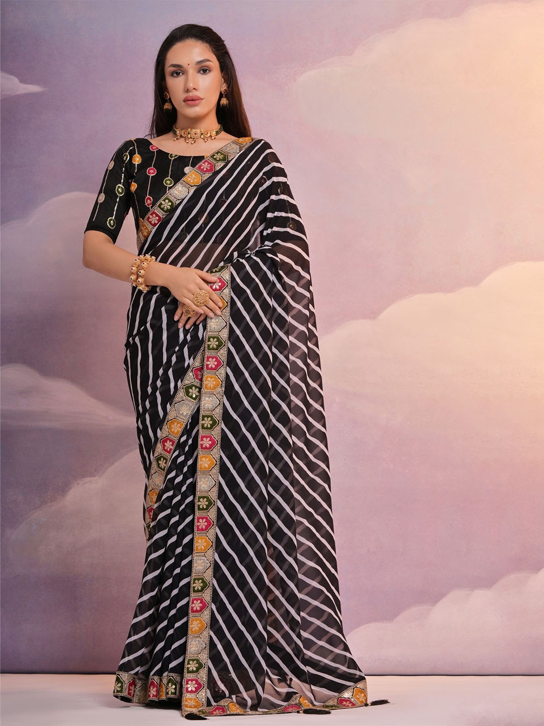 

LeeliPeeri Designer Striped Sequinned Saree, Black